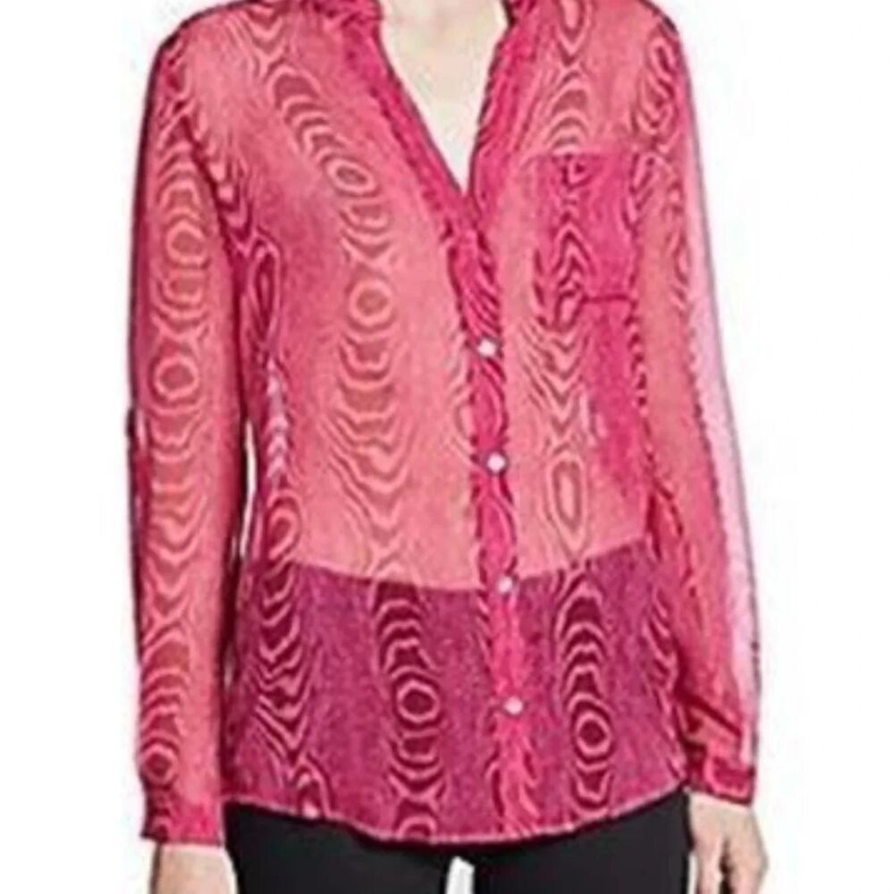 Diane Von Furstenberg Dark Pink 100% Silk Semi Sheer Button Down Blouse size 10